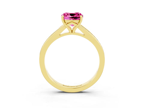 Yellow gold Cushion Cut Pink Sapphire Solitaire Ring with Pavé Band and Prong Setting_15