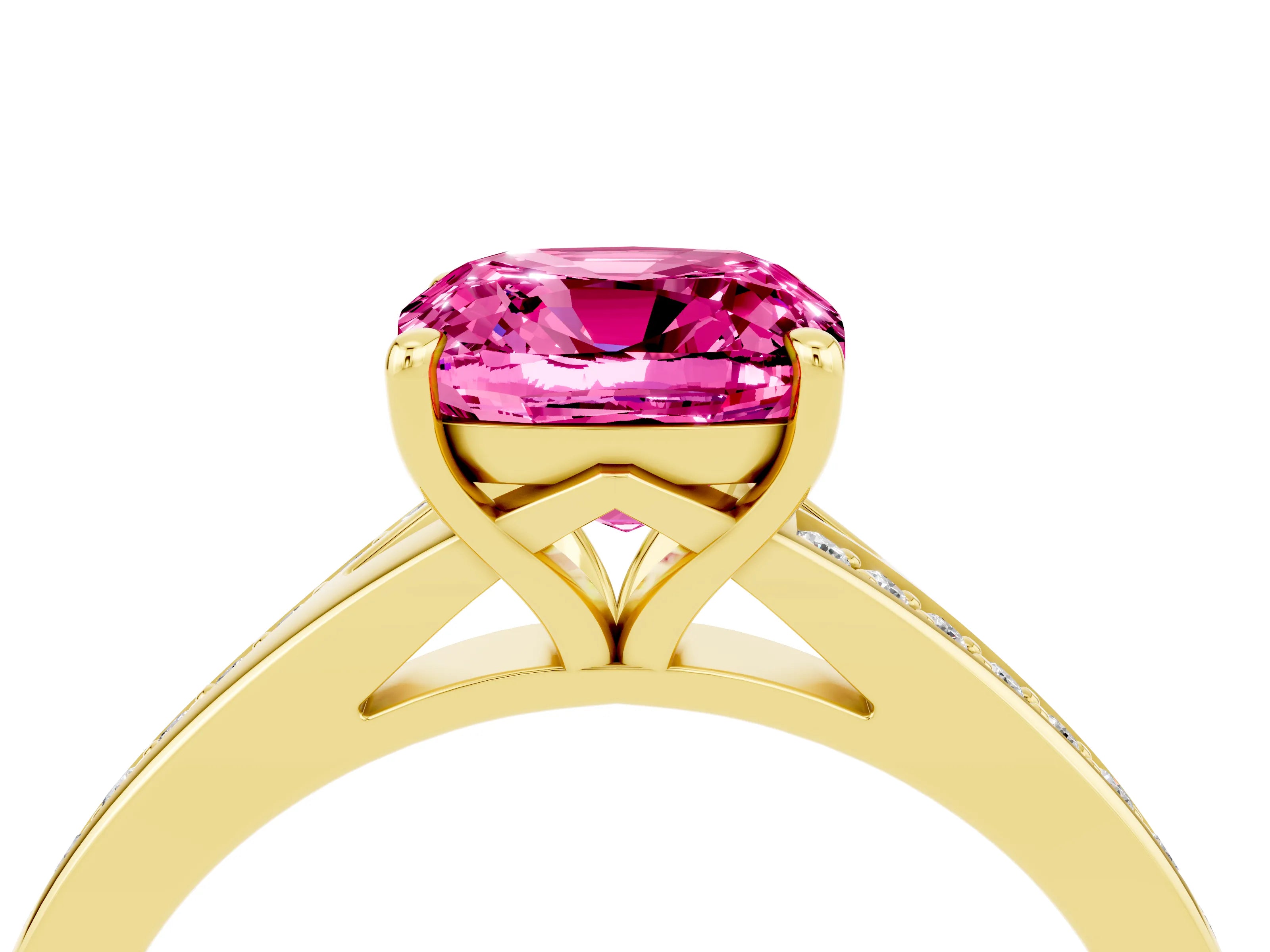 Yellow gold Cushion Cut Pink Sapphire Solitaire Ring with Pavé Band and Prong Setting_16