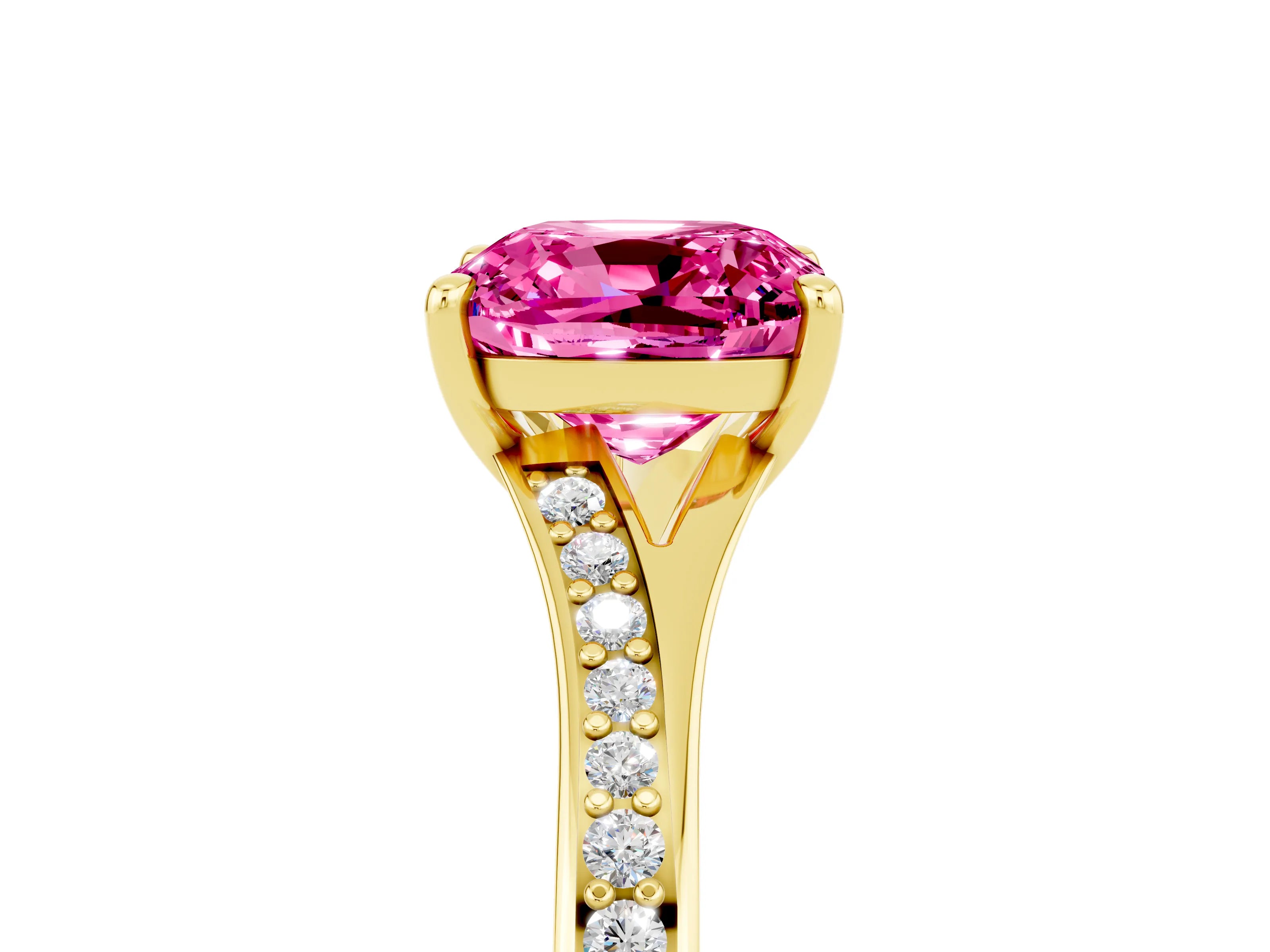 Yellow gold Cushion Cut Pink Sapphire Solitaire Ring with Pavé Band and Prong Setting_17