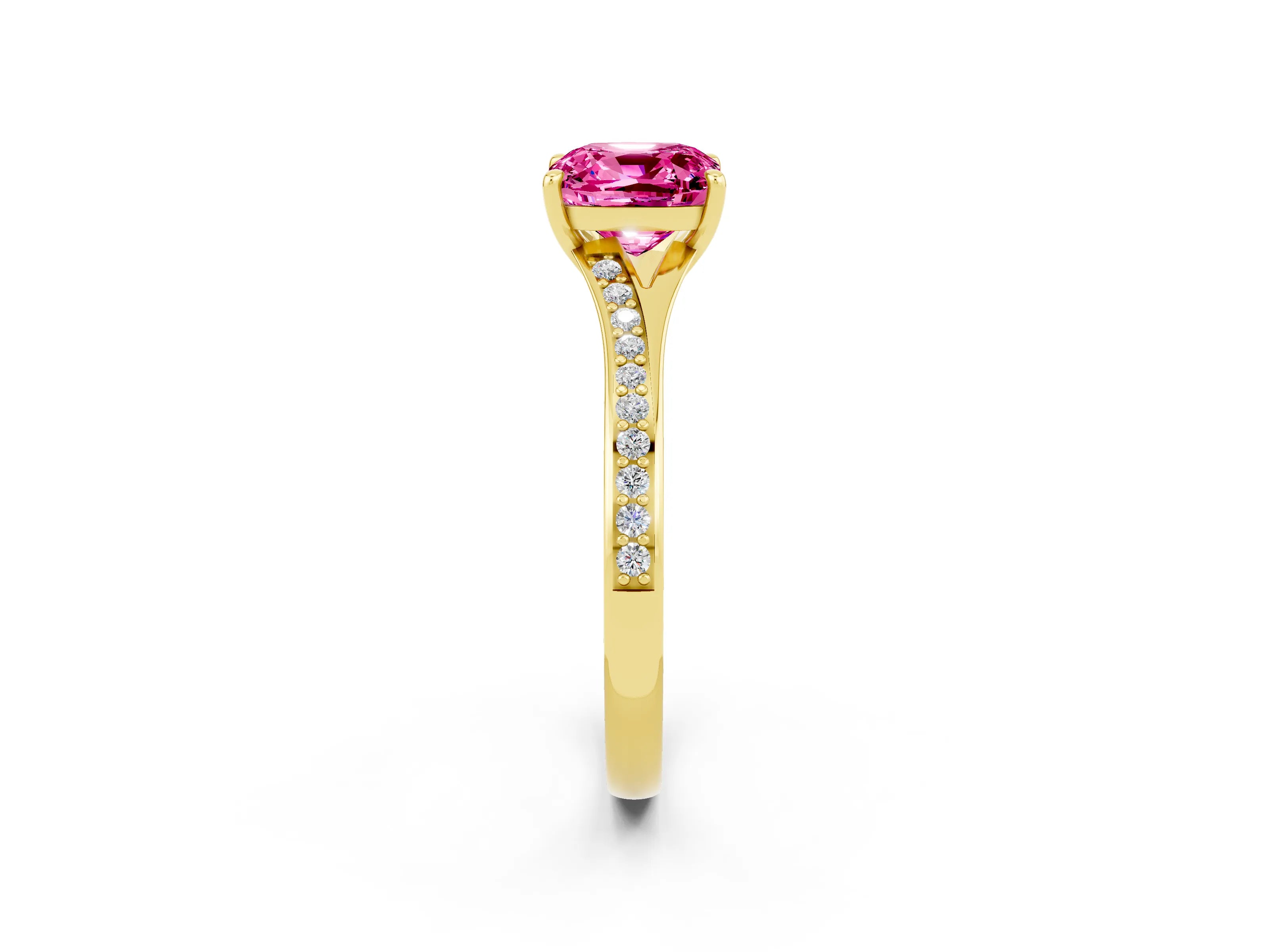 Yellow gold Cushion Cut Pink Sapphire Solitaire Ring with Pavé Band and Prong Setting_2