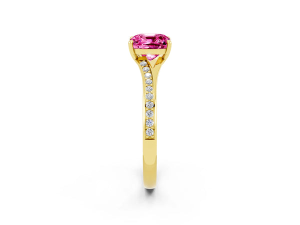 Yellow gold Cushion Cut Pink Sapphire Solitaire Ring with Pavé Band and Prong Setting