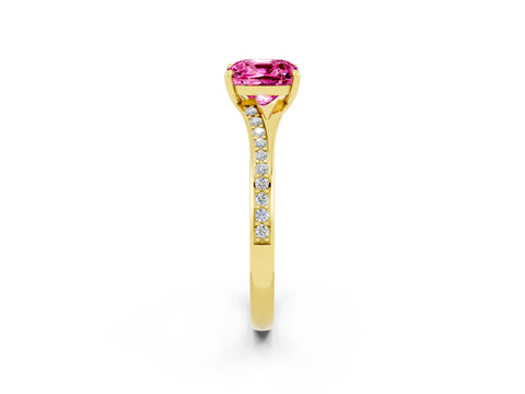 Yellow gold Cushion Cut Pink Sapphire Solitaire Ring with Pavé Band and Prong Setting_2