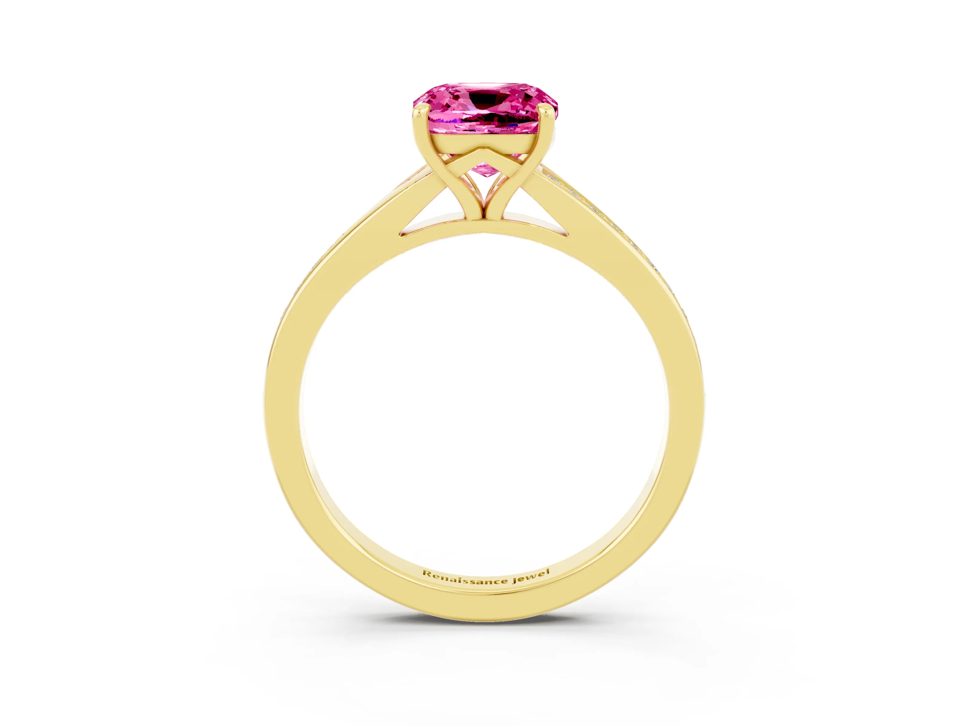 Yellow gold Cushion Cut Pink Sapphire Solitaire Ring with Pavé Band and Prong Setting_3
