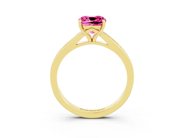 Yellow gold Cushion Cut Pink Sapphire Solitaire Ring with Pavé Band and Prong Setting