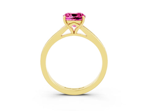 Yellow gold Cushion Cut Pink Sapphire Solitaire Ring with Pavé Band and Prong Setting_3