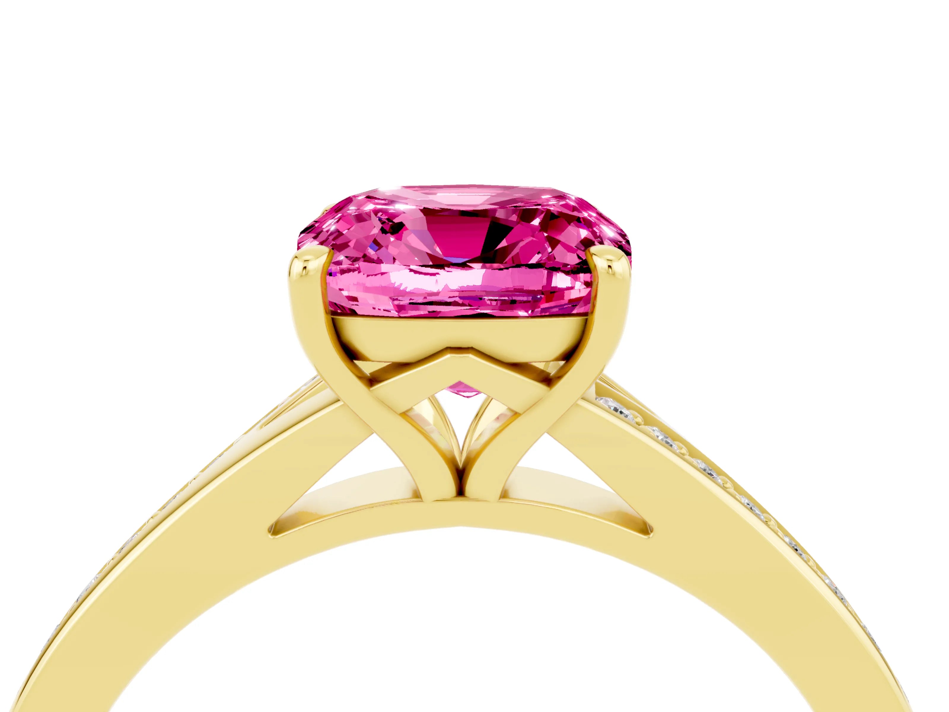 Yellow gold Cushion Cut Pink Sapphire Solitaire Ring with Pavé Band and Prong Setting_4