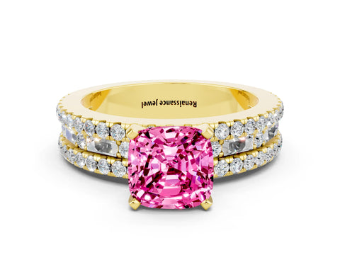 Yellow gold Cushion Cut Pink Sapphire Solitaire Ring with Pavé and Channel Set Band_24