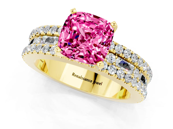 Yellow gold Cushion Cut Pink Sapphire Solitaire Ring with Pavé and Channel Set Band