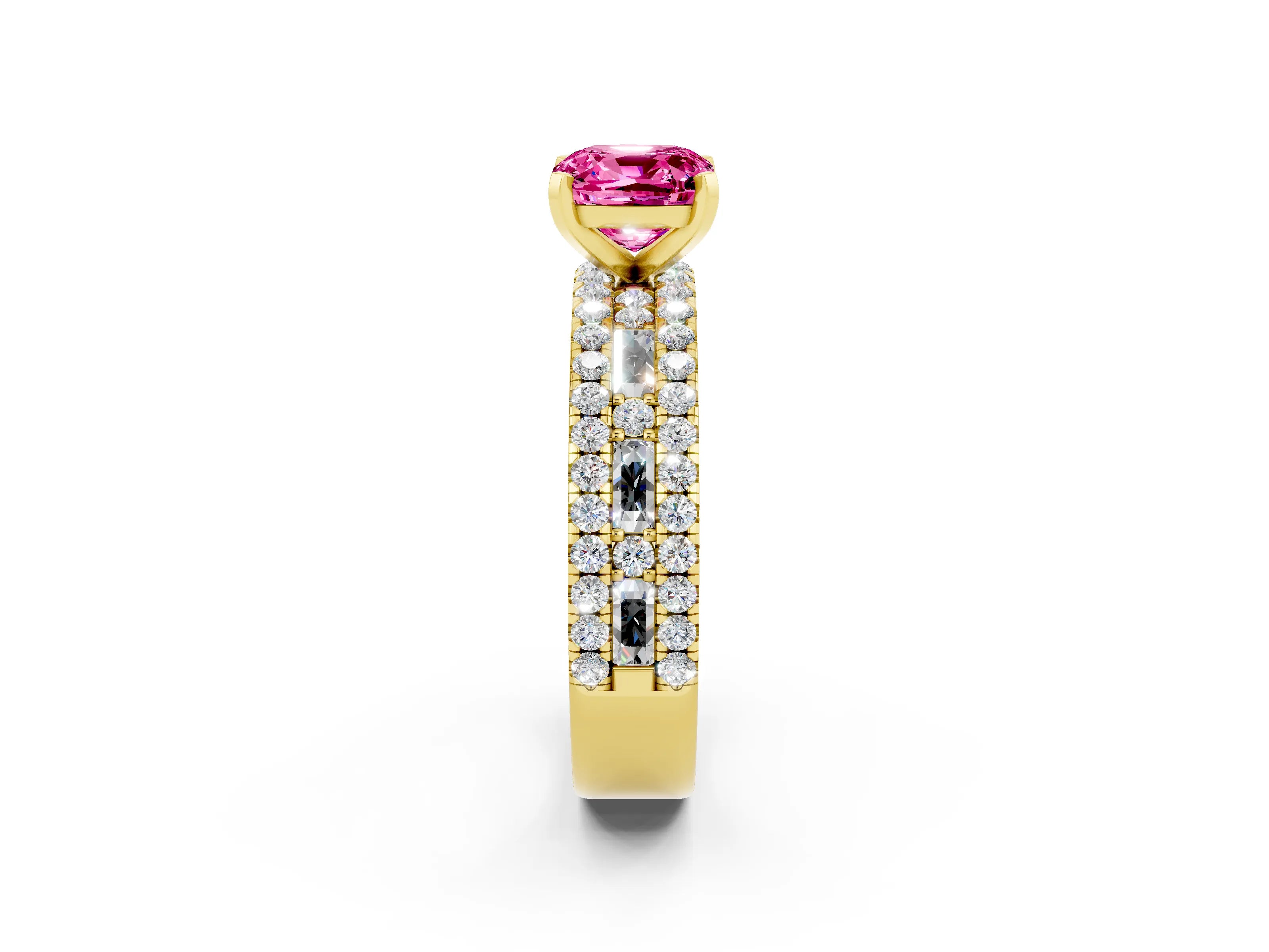 Yellow gold Cushion Cut Pink Sapphire Solitaire Ring with Pavé and Channel Set Band_26
