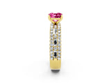 Yellow gold Cushion Cut Pink Sapphire Solitaire Ring with Pavé and Channel Set Band_26