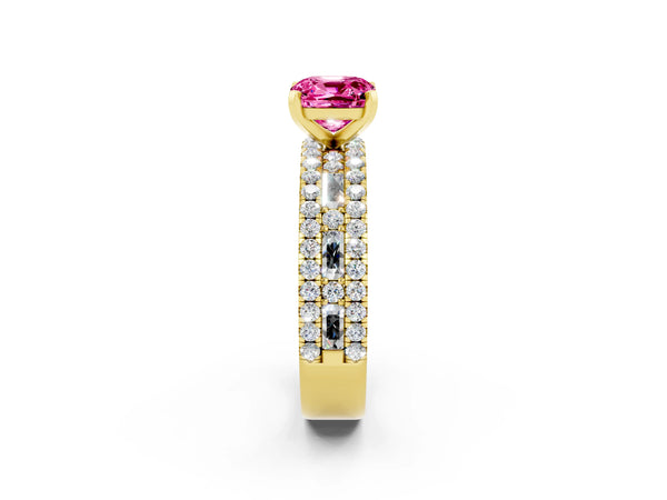 Yellow gold Cushion Cut Pink Sapphire Solitaire Ring with Pavé and Channel Set Band