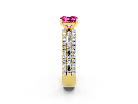 Yellow gold Cushion Cut Pink Sapphire Solitaire Ring with Pavé and Channel Set Band_26