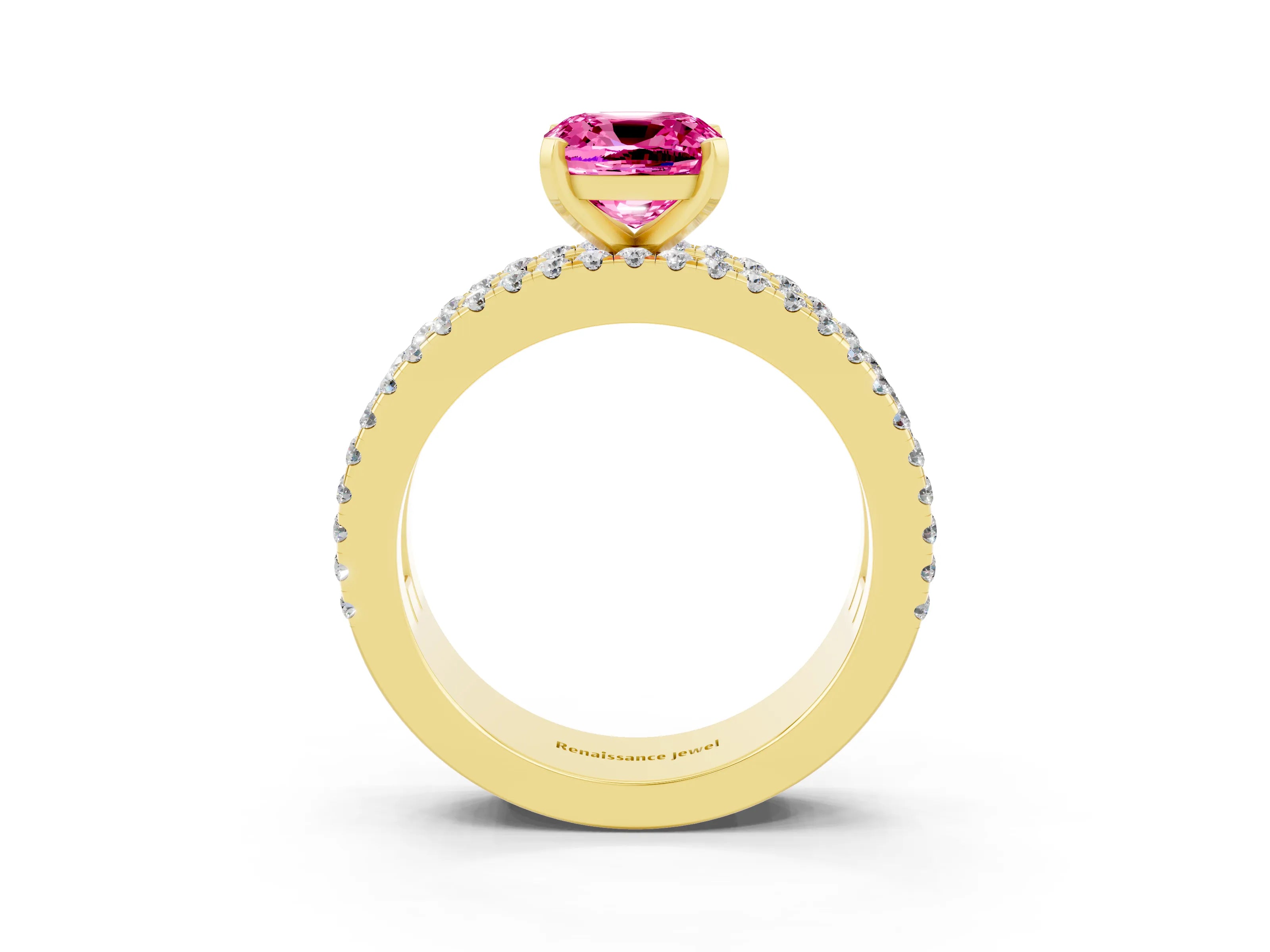 Yellow gold Cushion Cut Pink Sapphire Solitaire Ring with Pavé and Channel Set Band_27