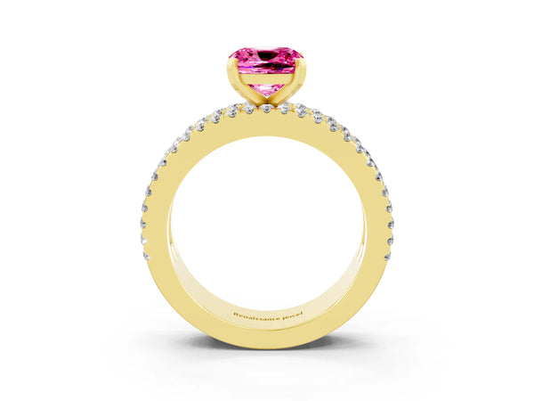 Yellow gold Cushion Cut Pink Sapphire Solitaire Ring with Pavé and Channel Set Band