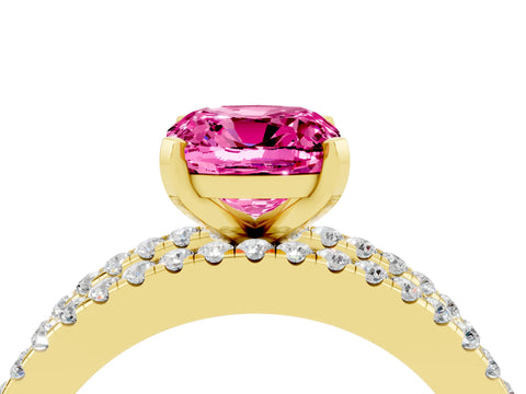 Yellow gold Cushion Cut Pink Sapphire Solitaire Ring with Pavé and Channel Set Band_28