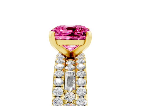 Yellow gold Cushion Cut Pink Sapphire Solitaire Ring with Pavé and Channel Set Band_29