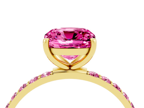 Yellow gold Cushion Cut Pink Sapphire Solitaire Ring with Pave Band and Four Prong Setting_16
