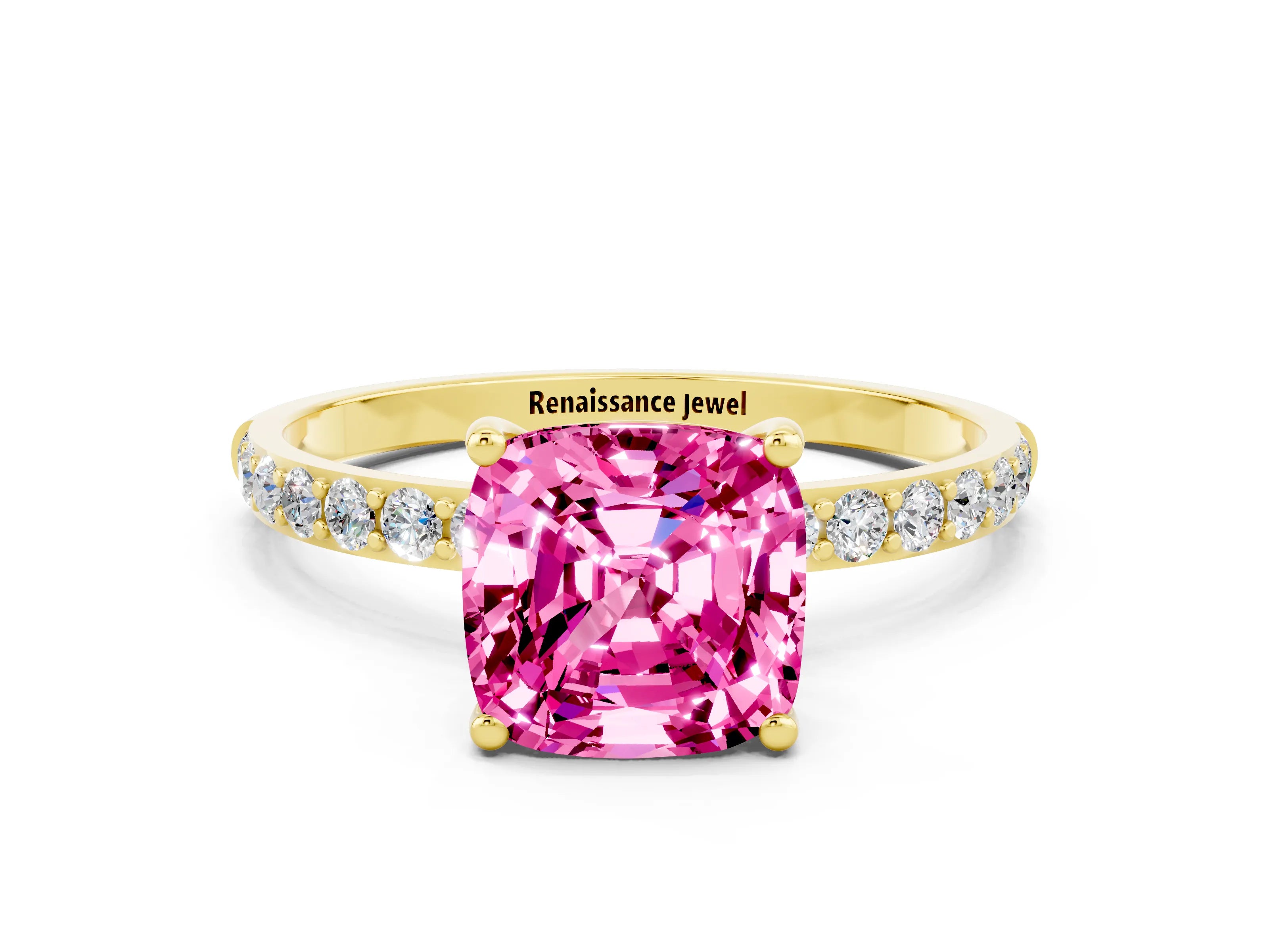 Yellow gold Cushion Cut Pink Sapphire Solitaire Ring with Pave Band and Four Prong Setting_48