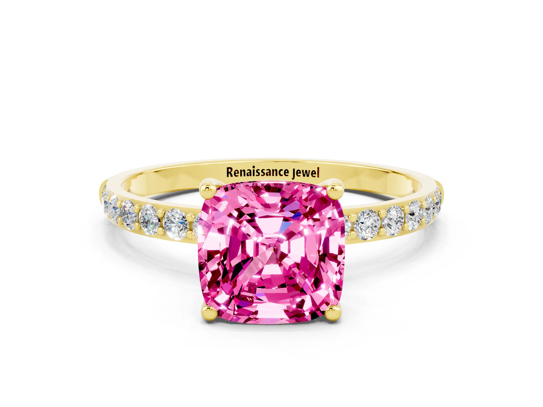 Yellow gold Cushion Cut Pink Sapphire Solitaire Ring with Pave Band and Four Prong Setting_48