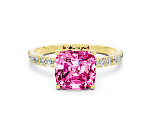Yellow gold Cushion Cut Pink Sapphire Solitaire Ring with Round  Pavé Band and Prong Setting