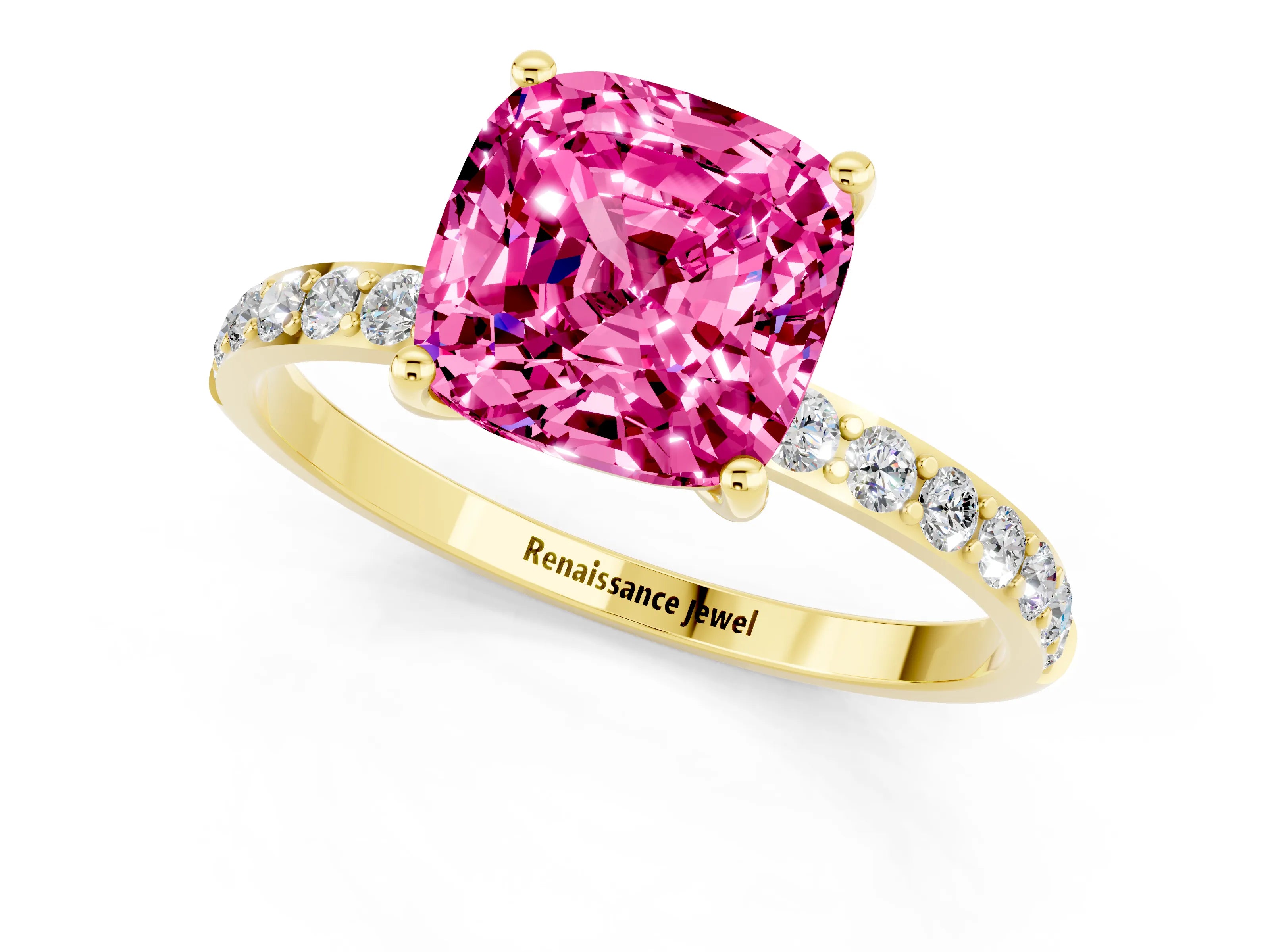 Yellow gold Cushion Cut Pink Sapphire Solitaire Ring with Pave Band and Four Prong Setting_49