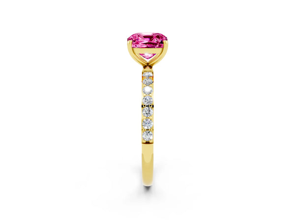 Yellow gold Cushion Cut Pink Sapphire Solitaire Ring with Round  Pavé Band and Prong Setting