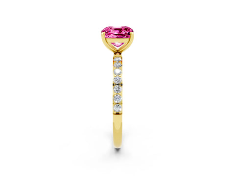 Yellow gold Cushion Cut Pink Sapphire Solitaire Ring with Pave Band and Four Prong Setting_50