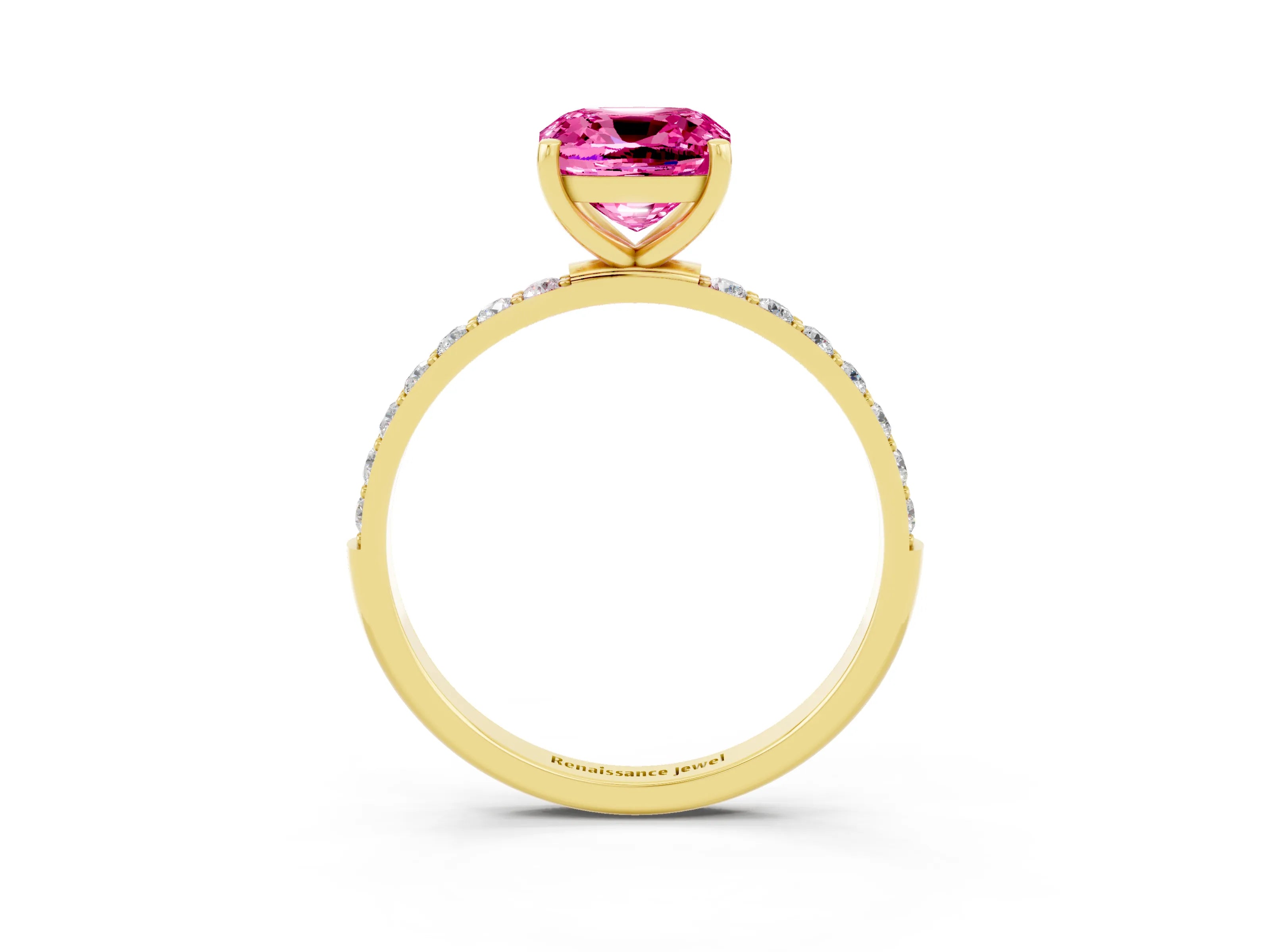 Yellow gold Cushion Cut Pink Sapphire Solitaire Ring with Pave Band and Four Prong Setting_51