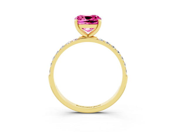 Yellow gold Cushion Cut Pink Sapphire Solitaire Ring with Round  Pavé Band and Prong Setting