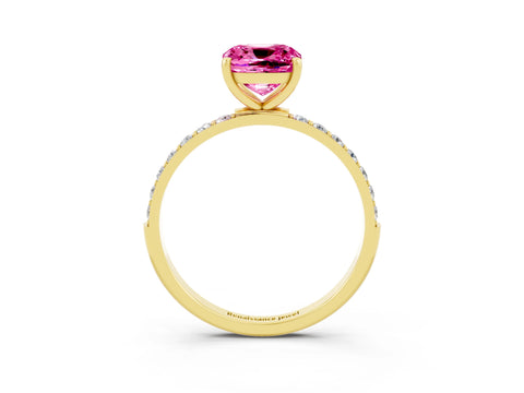 Yellow gold Cushion Cut Pink Sapphire Solitaire Ring with Pave Band and Four Prong Setting_51