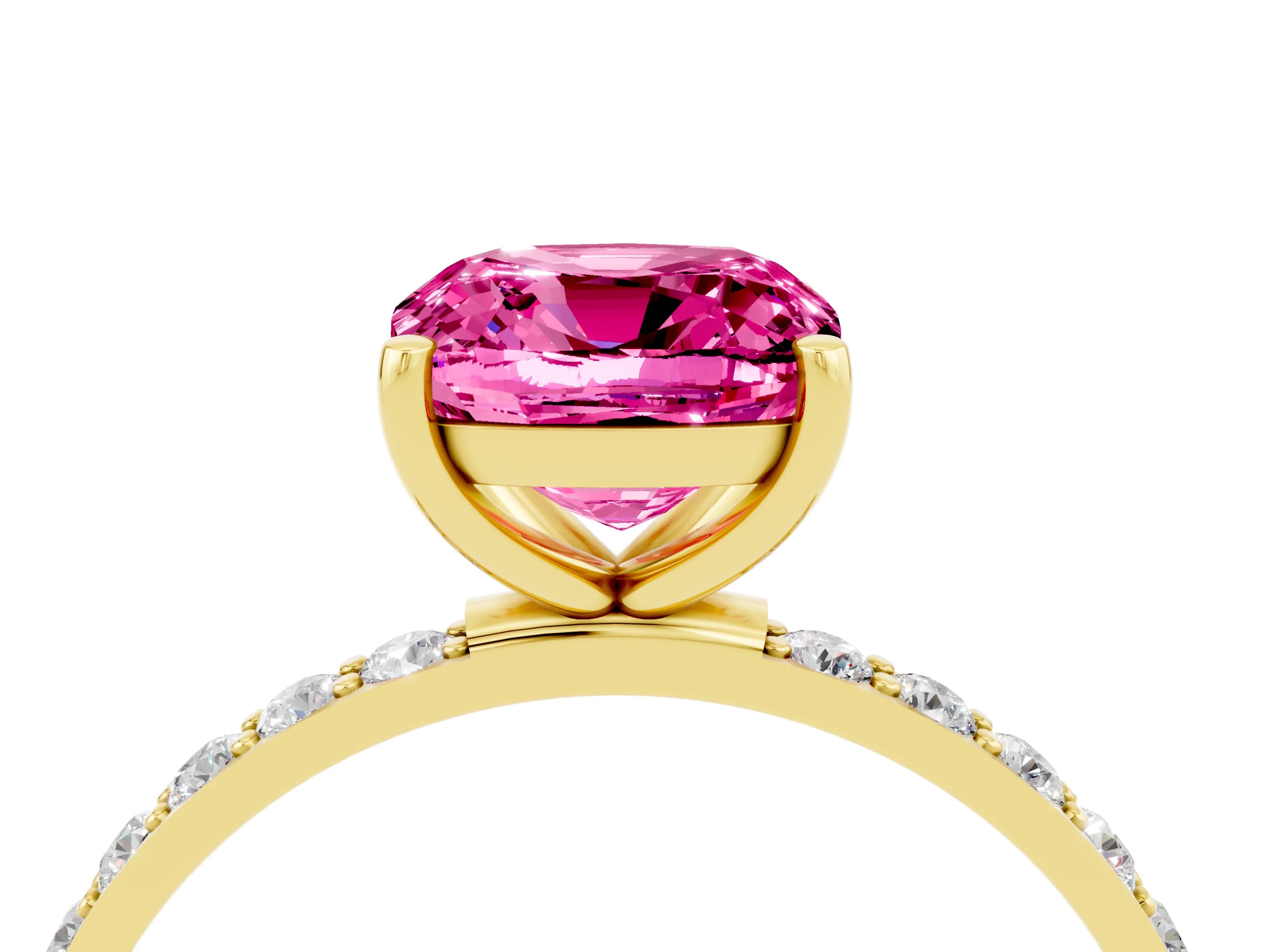 Yellow gold Cushion Cut Pink Sapphire Solitaire Ring with Pave Band and Four Prong Setting_52