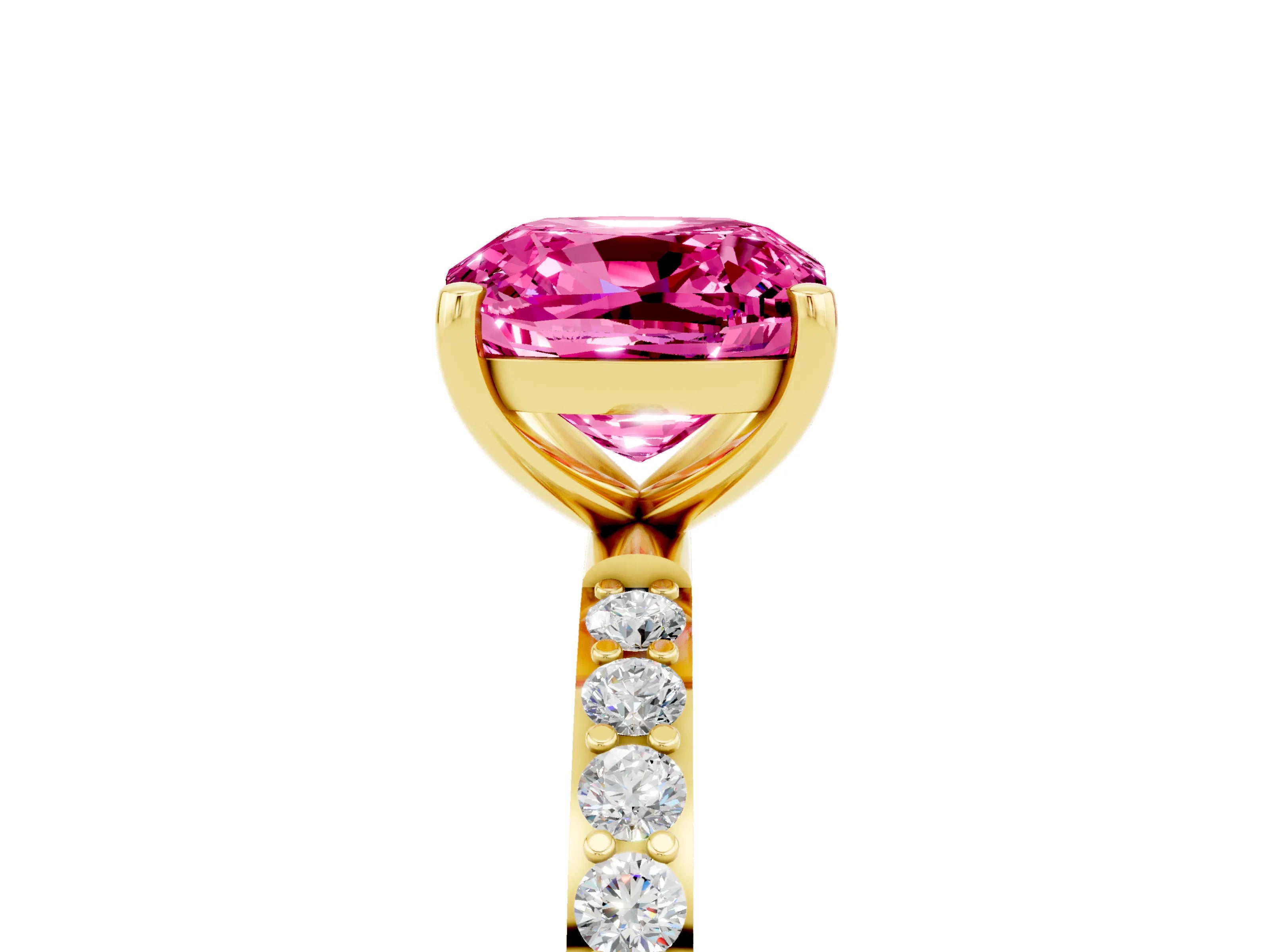 Yellow gold Cushion Cut Pink Sapphire Solitaire Ring with Pave Band and Four Prong Setting_53