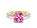 Yellow gold Cushion Cut Pink Sapphire Solitaire Ring with Round  Pavé Band and Four-Prong Setting_36