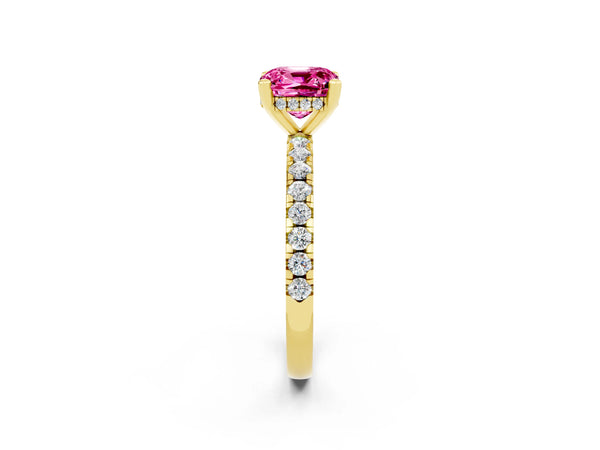 Yellow gold Cushion Cut Pink Sapphire Solitaire Ring with Round Pavé Band and Four-Prong Setting
