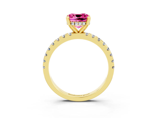 Yellow gold Cushion Cut Pink Sapphire Solitaire Ring with Round Pavé Band and Four-Prong Setting