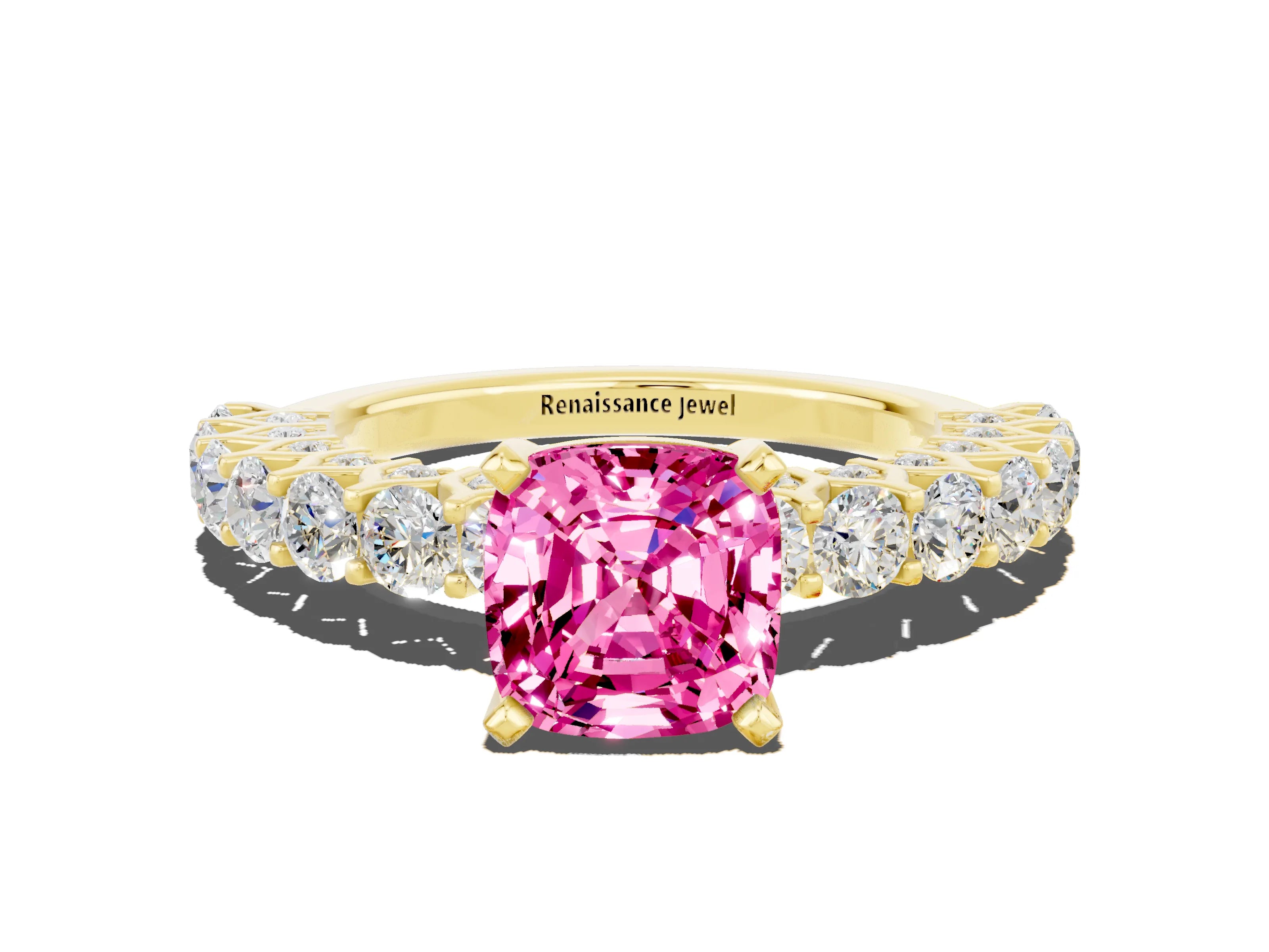 Yellow gold Cushion Cut Pink Sapphire Solitaire Ring with Shared Prong Pavé Band and Four-Prong Setting