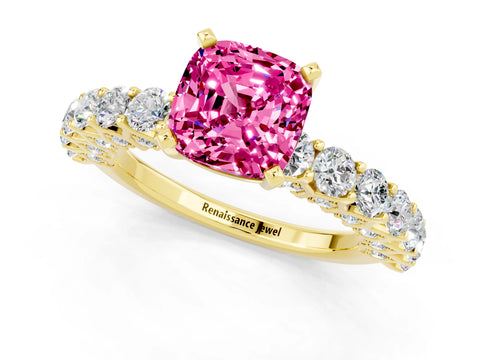 Yellow gold Cushion Cut Pink Sapphire Solitaire Ring with Shared Prong Pavé Band and Four-Prong Setting_1