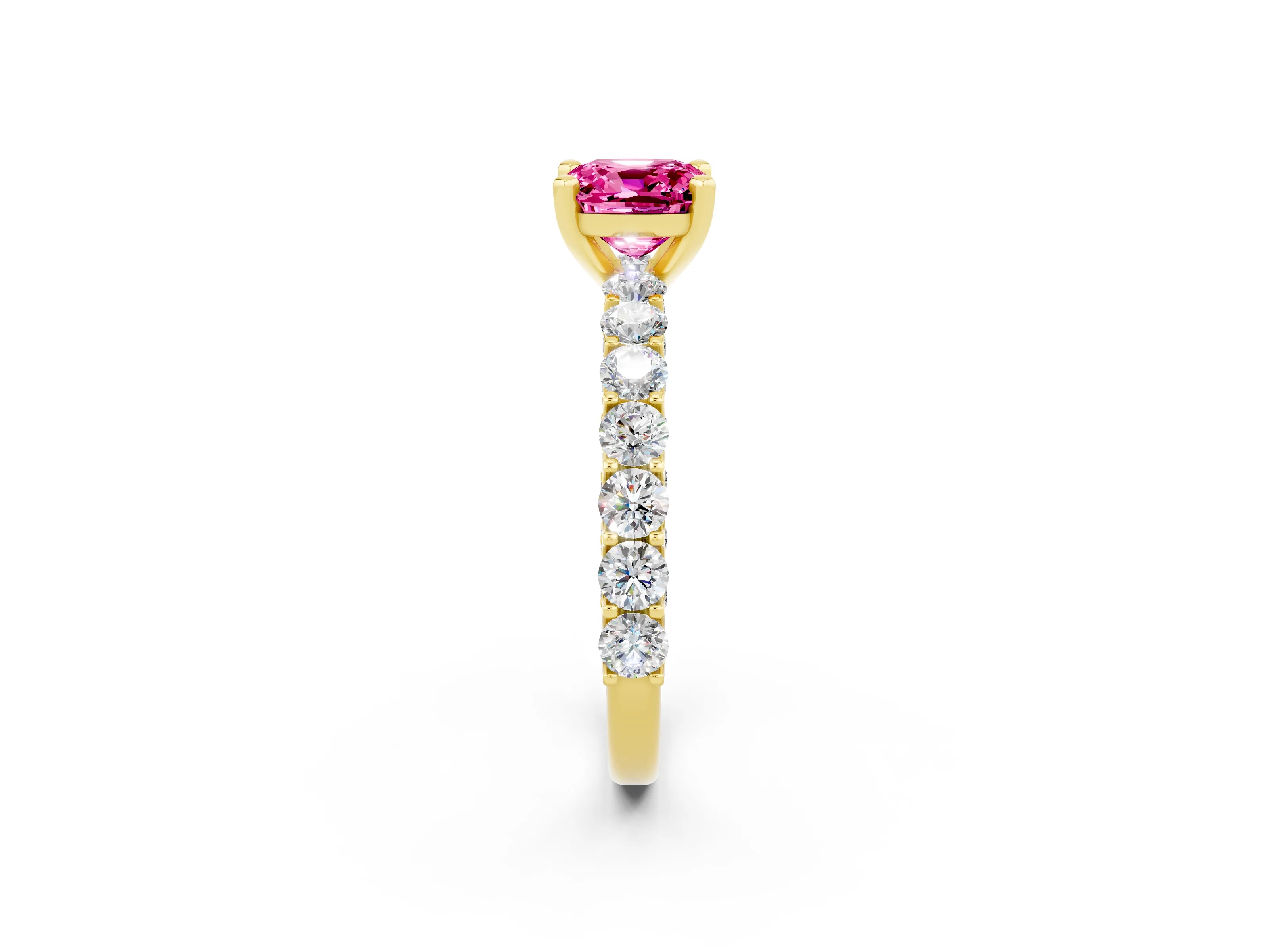 Yellow gold Cushion Cut Pink Sapphire Solitaire Ring with Shared Prong Pavé Band and Four-Prong Setting_2