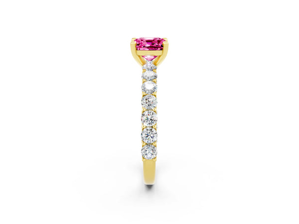 Yellow gold Cushion Cut Pink Sapphire Solitaire Ring with Shared Prong Pavé Band and Four-Prong Setting