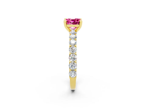 Yellow gold Cushion Cut Pink Sapphire Solitaire Ring with Shared Prong Pavé Band and Four-Prong Setting_2