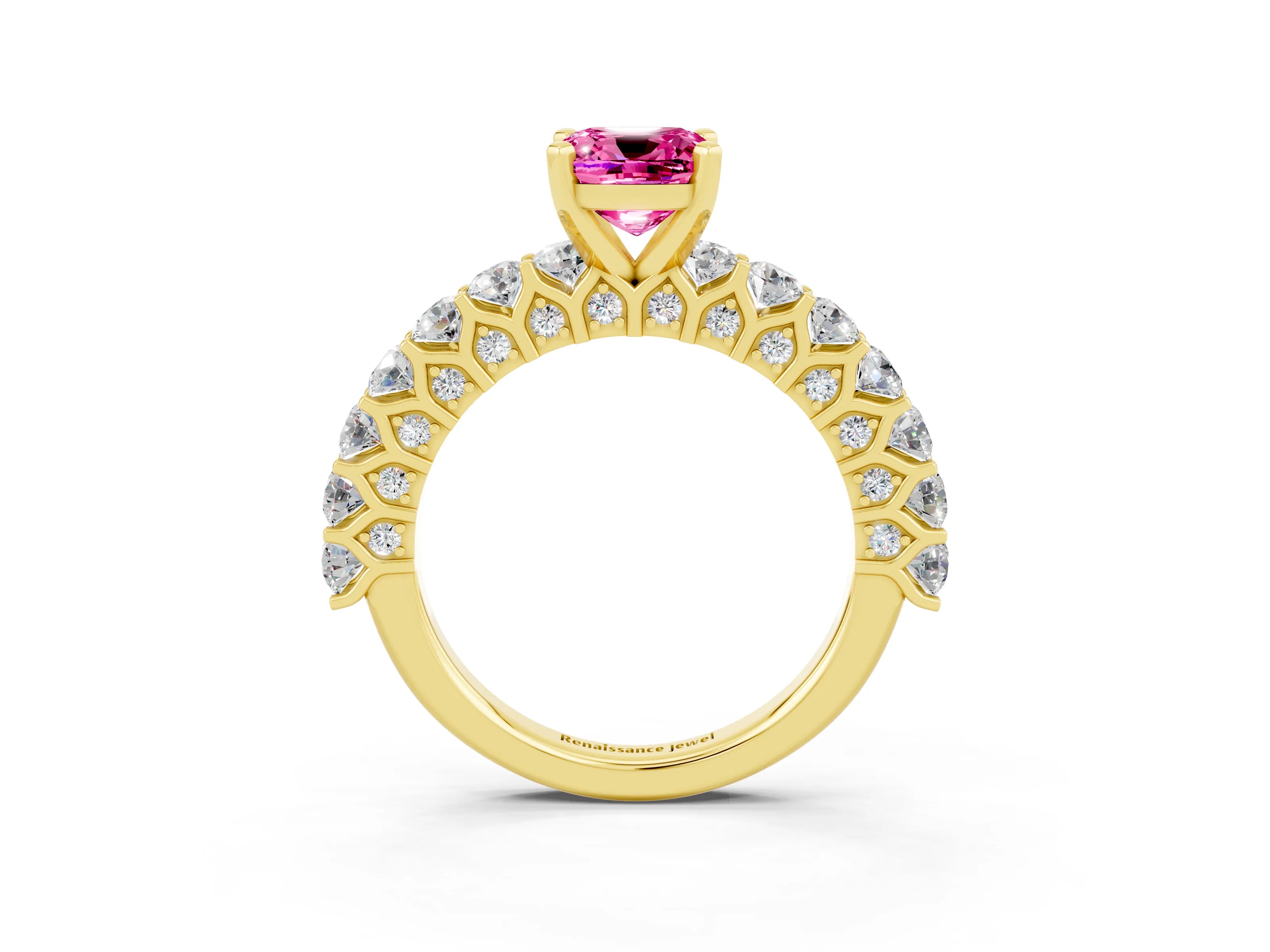 Yellow gold Cushion Cut Pink Sapphire Solitaire Ring with Shared Prong Pavé Band and Four-Prong Setting_3