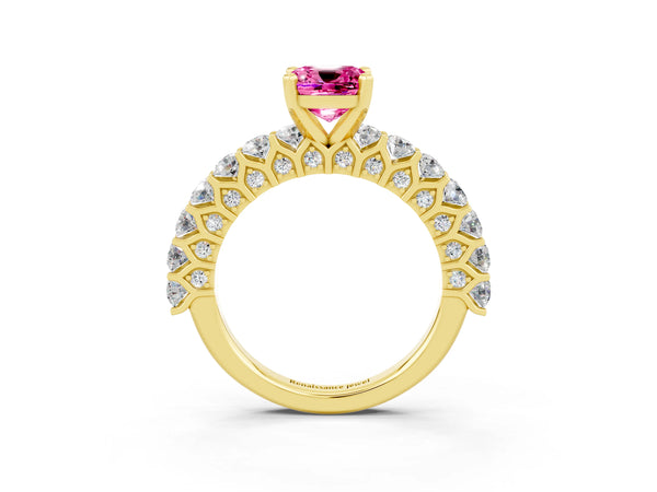 Yellow gold Cushion Cut Pink Sapphire Solitaire Ring with Shared Prong Pavé Band and Four-Prong Setting