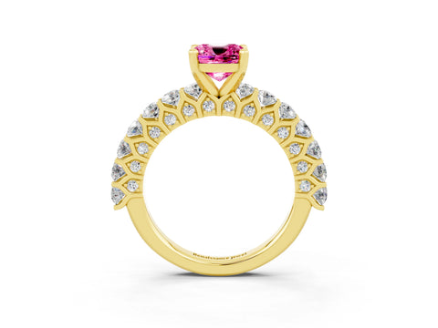 Yellow gold Cushion Cut Pink Sapphire Solitaire Ring with Shared Prong Pavé Band and Four-Prong Setting_3