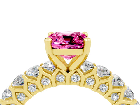 Yellow gold Cushion Cut Pink Sapphire Solitaire Ring with Shared Prong Pavé Band and Four-Prong Setting_4