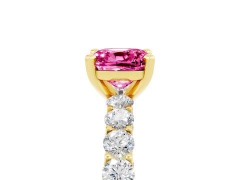 Yellow gold Cushion Cut Pink Sapphire Solitaire Ring with Shared Prong Pavé Band and Four-Prong Setting_5
