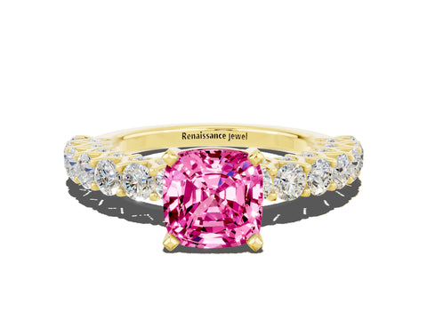 Yellow gold Cushion Cut Pink Sapphire Solitaire Ring with Shared Prong Pavé Band and Four-Prong Setting