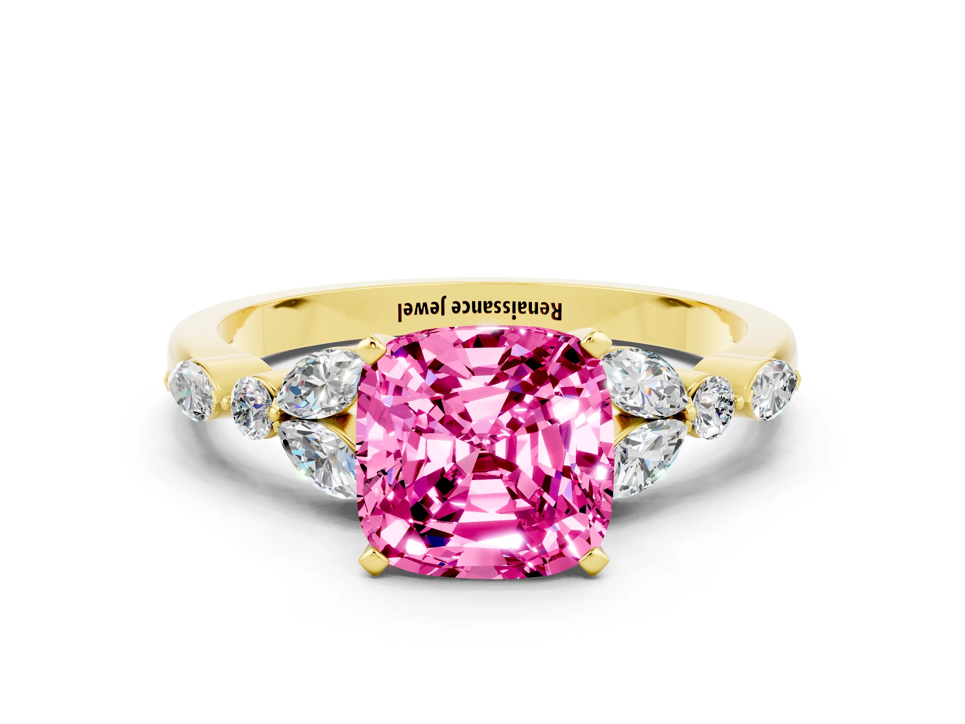 Yellow gold Cushion Cut Pink Sapphire Solitaire Ring with Side Stones and Four-Prong Setting_12