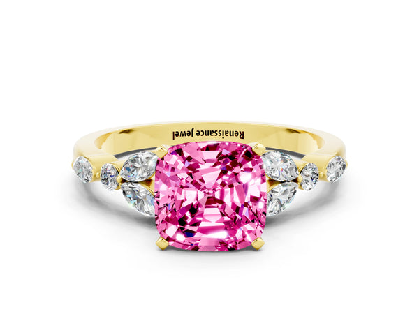 Yellow gold Cushion Cut Pink Sapphire Solitaire Ring with Side Stones and Four-Prong Setting