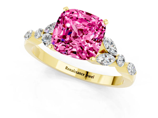 Yellow gold Cushion Cut Pink Sapphire Solitaire Ring with Side Stones and Four-Prong Setting