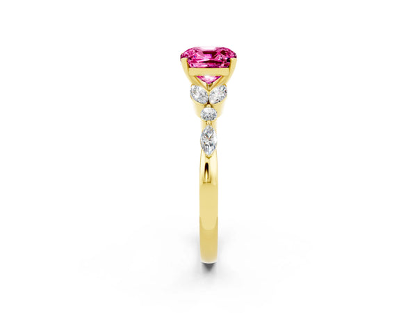 Yellow gold Cushion Cut Pink Sapphire Solitaire Ring with Side Stones and Four-Prong Setting